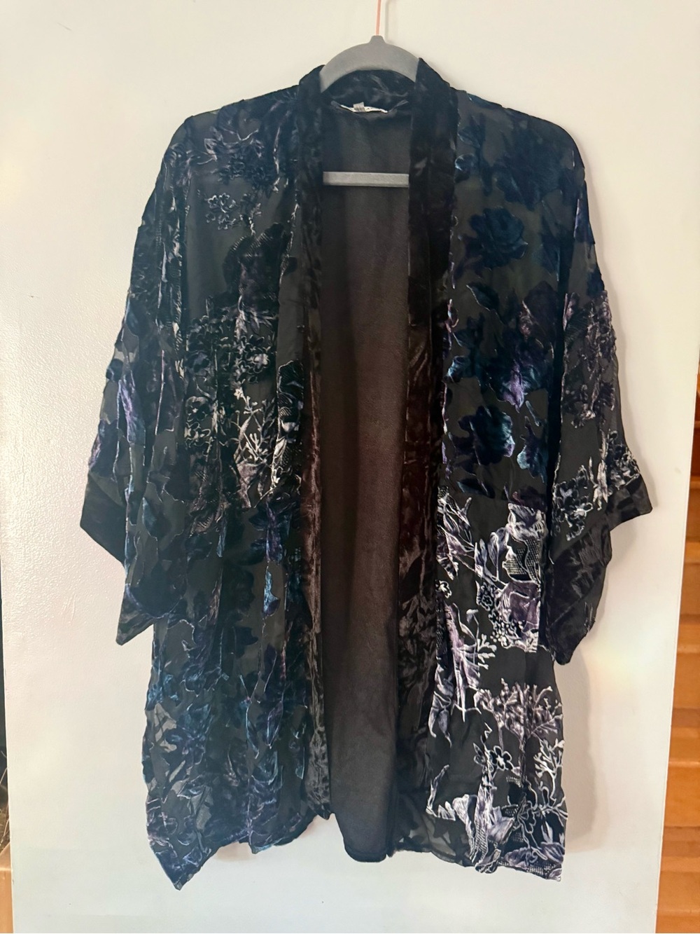 PAPARAZZI BY BIZ Burnout Velvet Floral Kimono Cardigan Duster Bohemian Black OS
